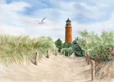 Poster DIN-A3 Folienmagnet Aquarell Maritim Kunst Druck Kunstdruck Ostsee Leuchtturm Darßer Ort Darß Zingst Strand Meer